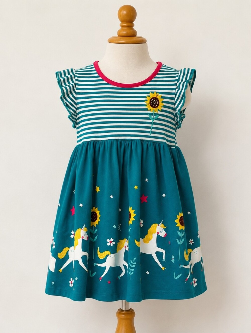Frugi | Toddler Girl Teal Unicorn Dress – Striped Sunflower Twirl Style